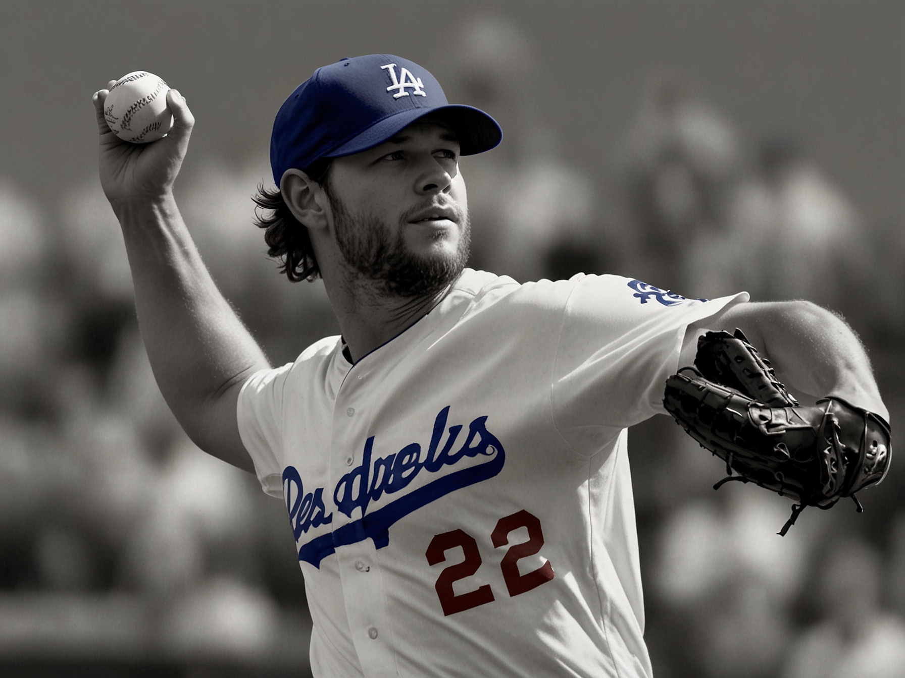 Clayton Kershaw delivering a pitch with precision and intensity, as he showcases his elite pitching skills against the formidable Yankees lineup.