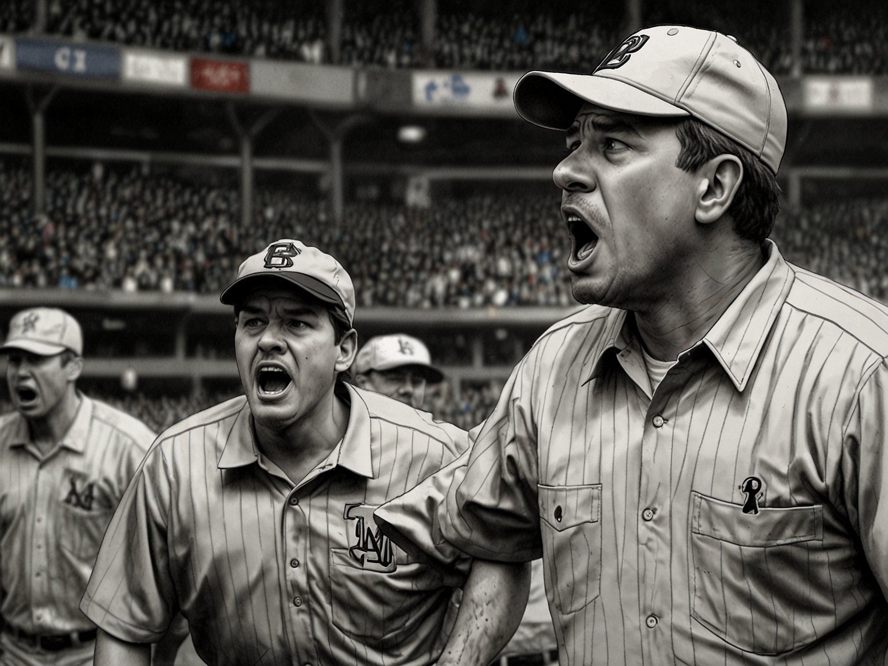 A close-up of a controversial umpire call, with fans in the background expressing disbelief and debate over the crucial moment that impacted the game.