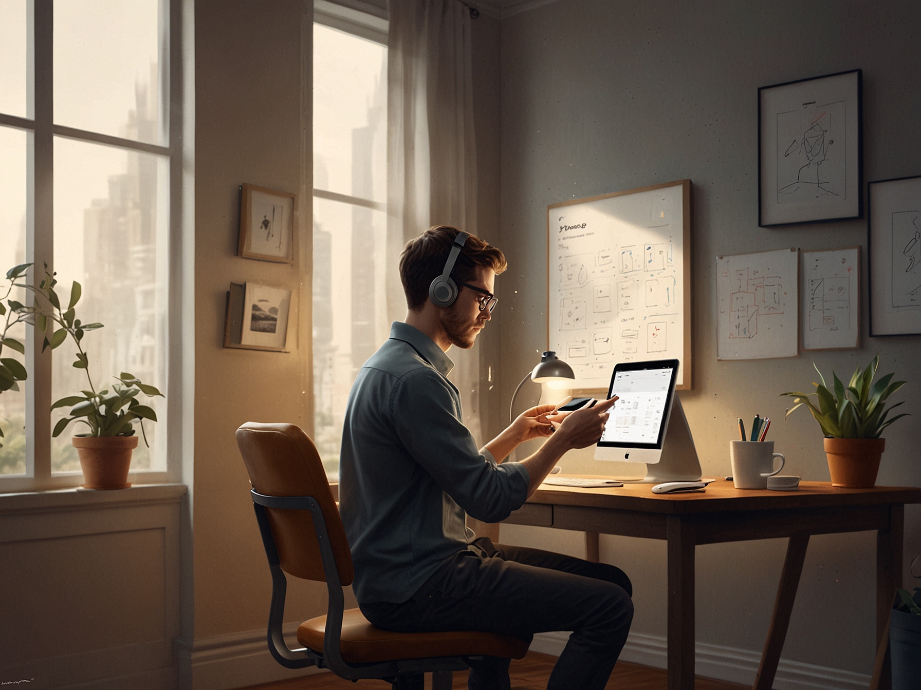 A serene workspace featuring a person interacting with their iPhone, demonstrating how the AI assistant helps manage their daily schedule efficiently.