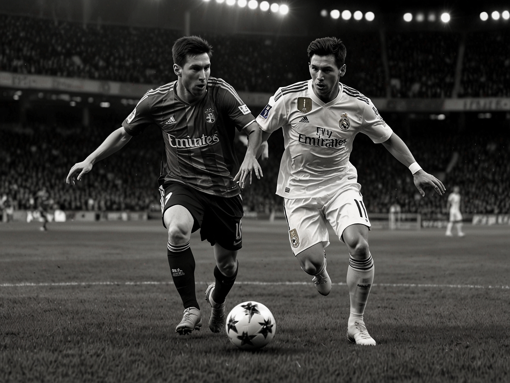 An action shot of Lionel Messi and Cristiano Ronaldo during one of their famous matches, illustrating the fierce rivalry that has captured football fans around the world.