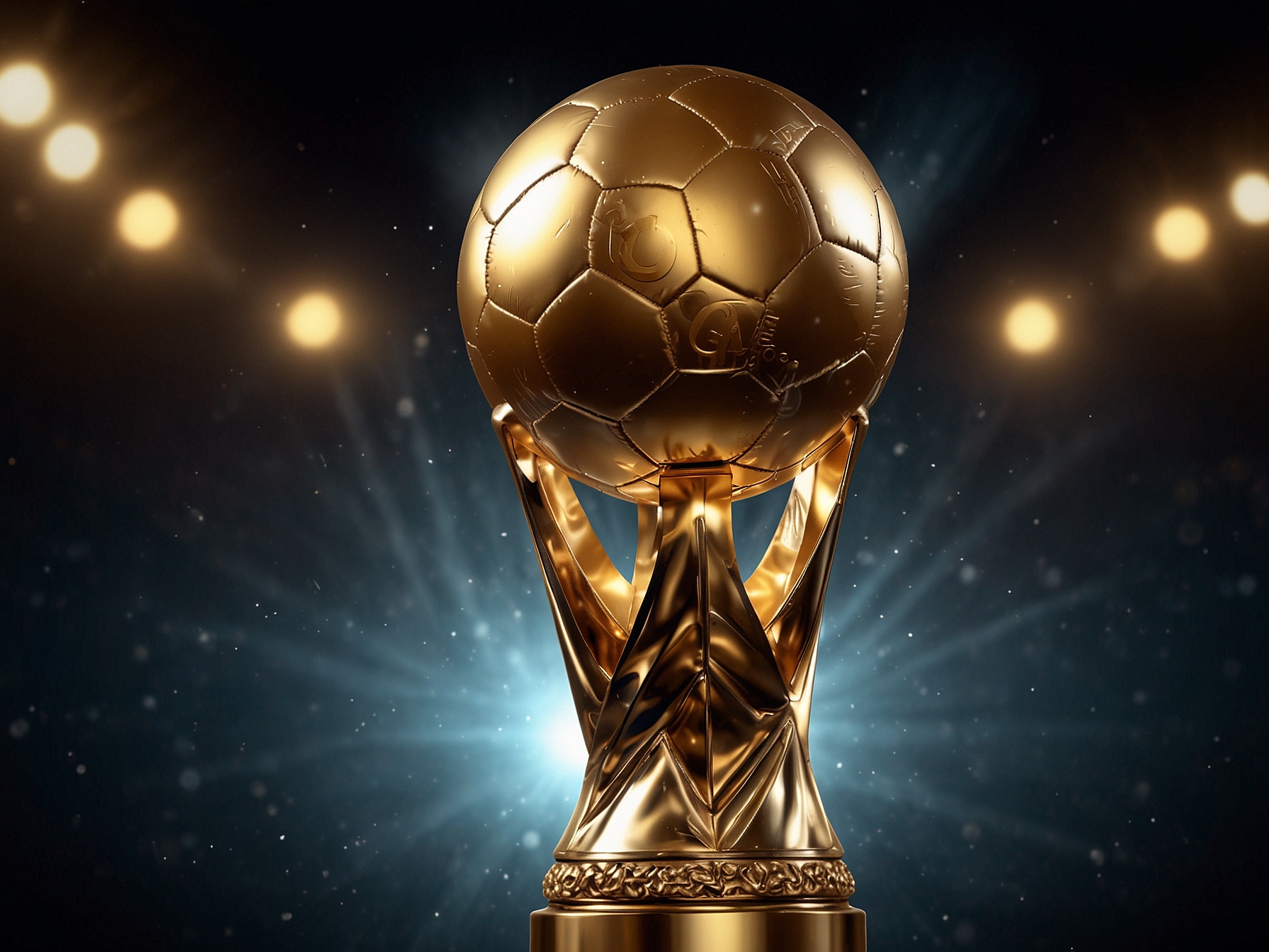 A close-up of a Ballon d'Or trophy gleaming under bright lights, symbolizing the prestigious award that has celebrated countless football legends.