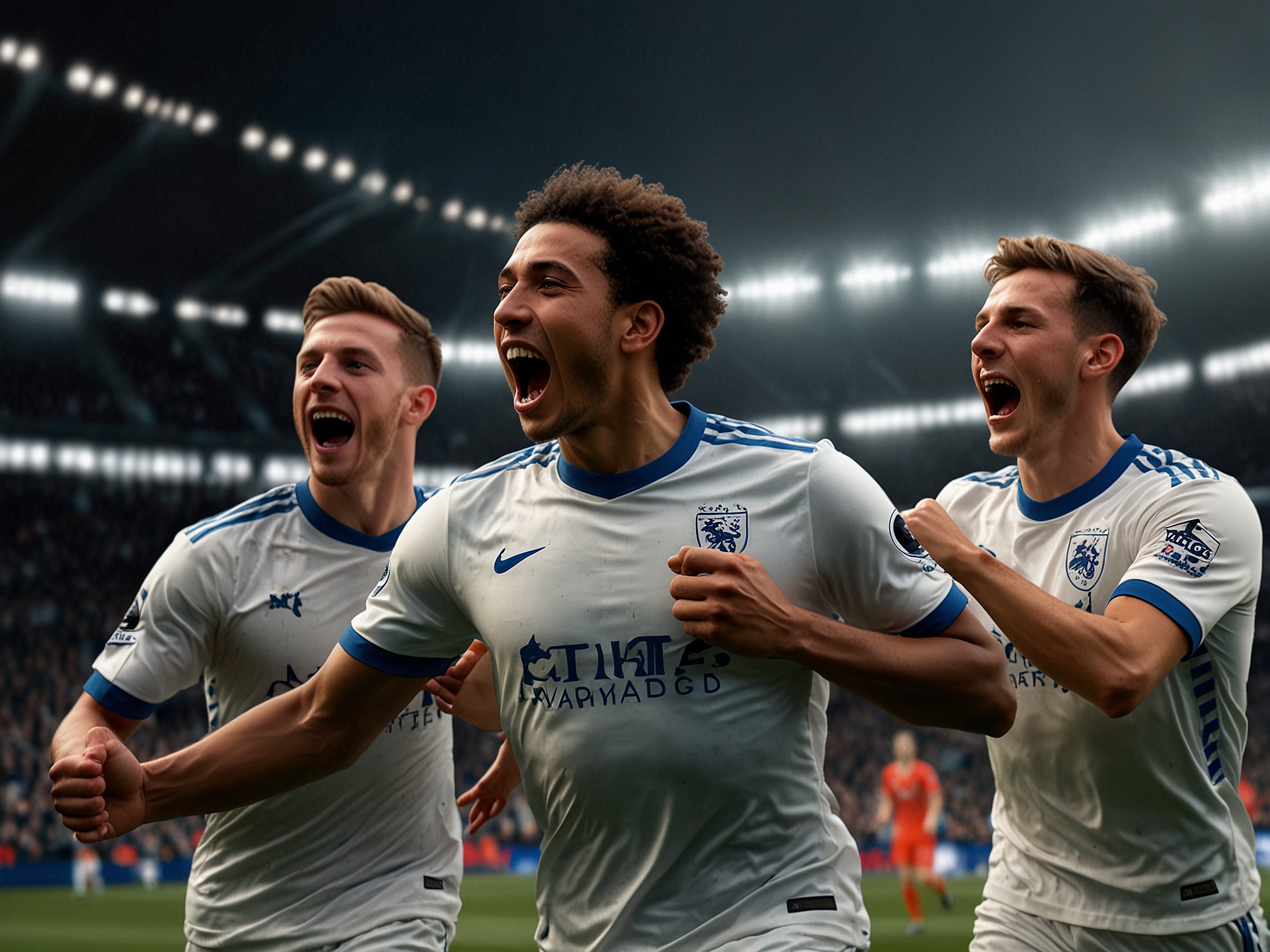 Jude Bellingham celebrating a goal, highlighting his impressive performance and growing influence in football, with teammates joining in on the joyous moment.