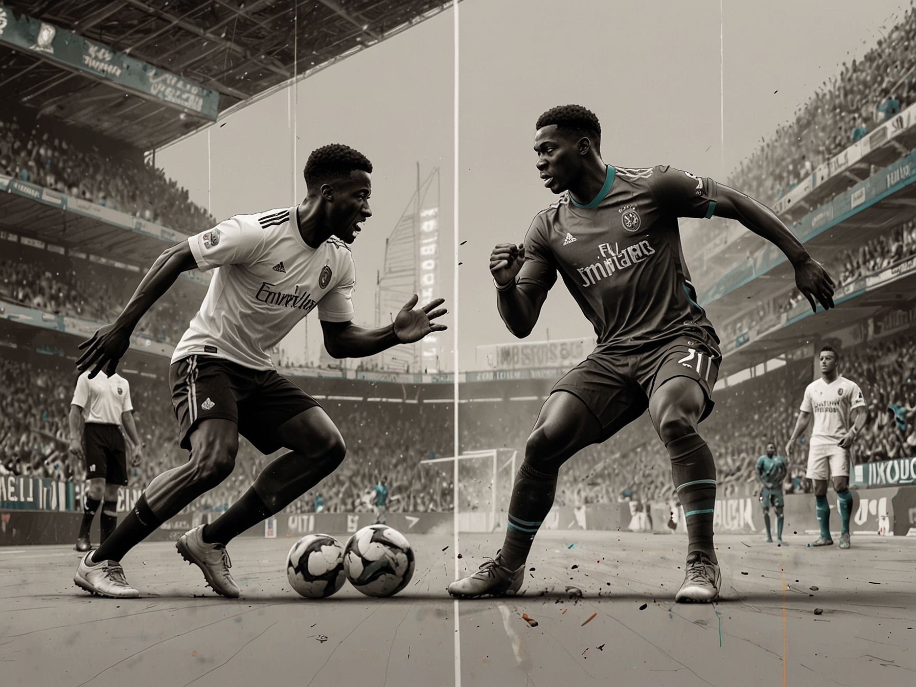 A split-screen comparison of Vinicius and Bellingham in action, emphasizing the competitive environment and the contrasting narratives surrounding their achievements.