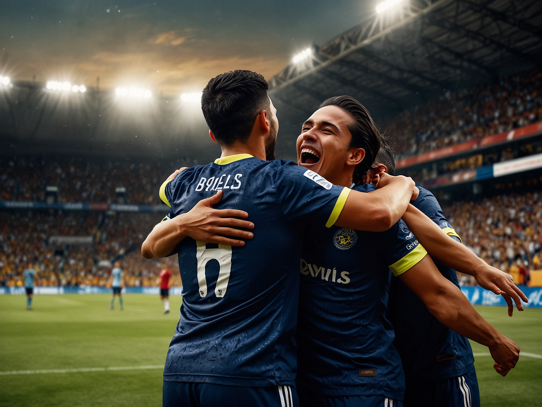 Medellín players celebrating after scoring a goal, showcasing their teamwork and skill as they unite in joy, igniting the crowd's passion and excitement in the stands.