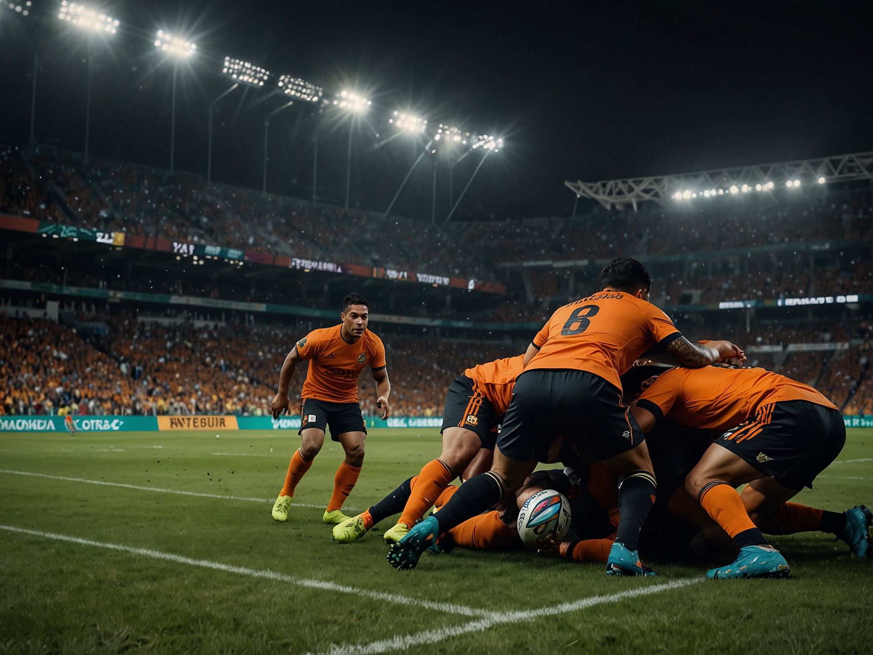 A tense moment where Jaguares players attempt to break through Medellín's robust defensive line, illustrating the strategic battle of wits between the two teams throughout the match.