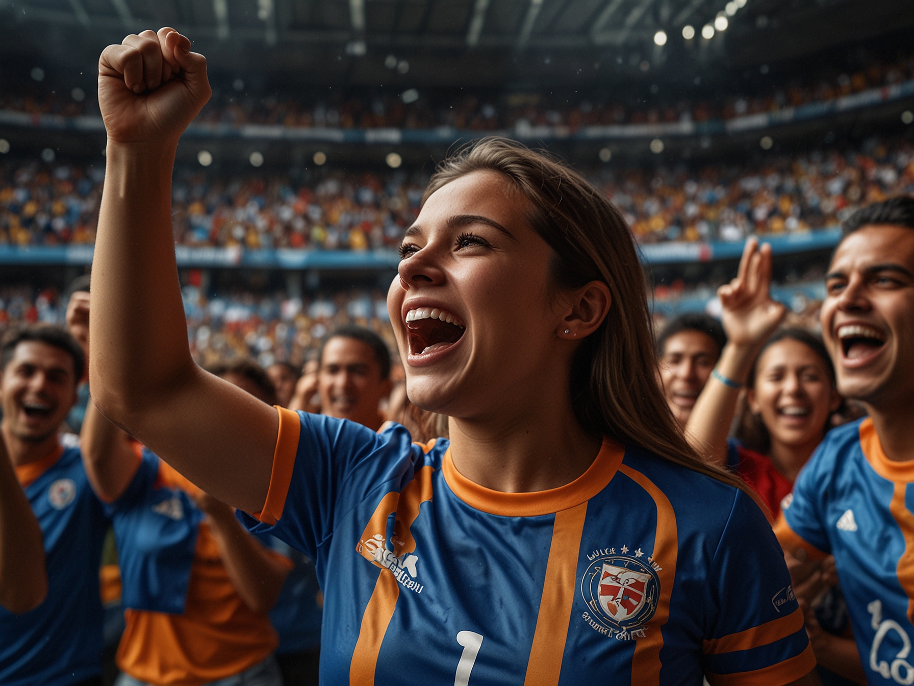 A close-up shot of a fan for Medellín, clad in team colors, with a joyful expression during a goal celebration, representing the deep connection and camaraderie among supporters.