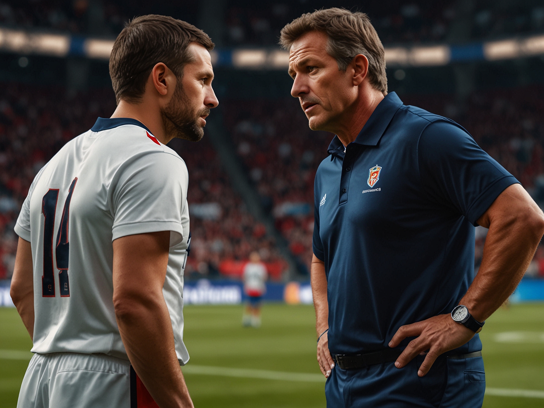 The coaches of both teams intensely discussing strategies on the sidelines, emphasizing the tactical adjustments made during the game to respond to each team's performance.