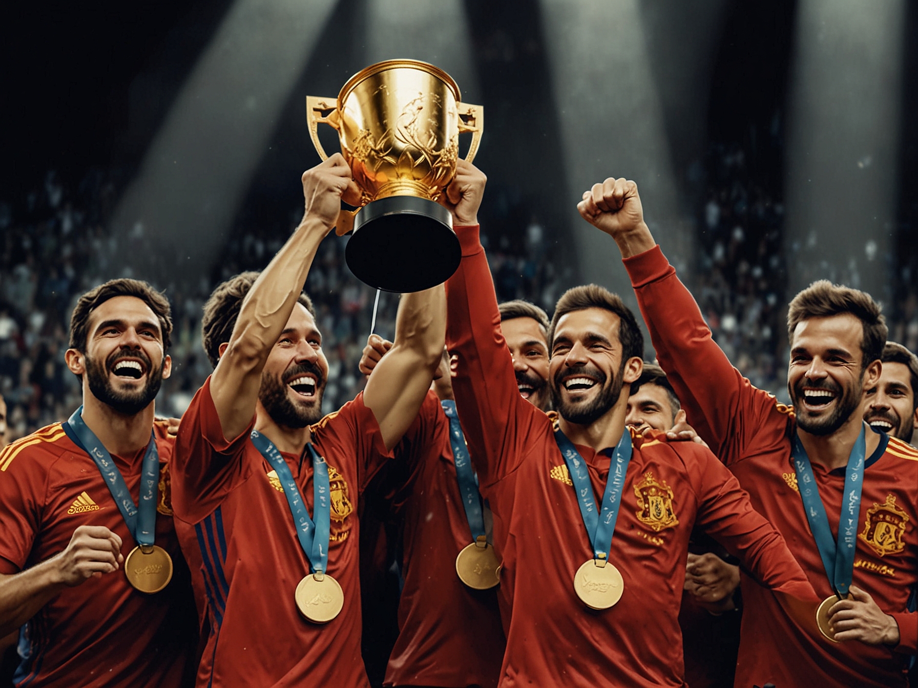 A close-up of jubilant Spanish players on stage holding their awards, with huge smiles on their faces, reflecting their pride and triumphant moment of recognition for their hard work.