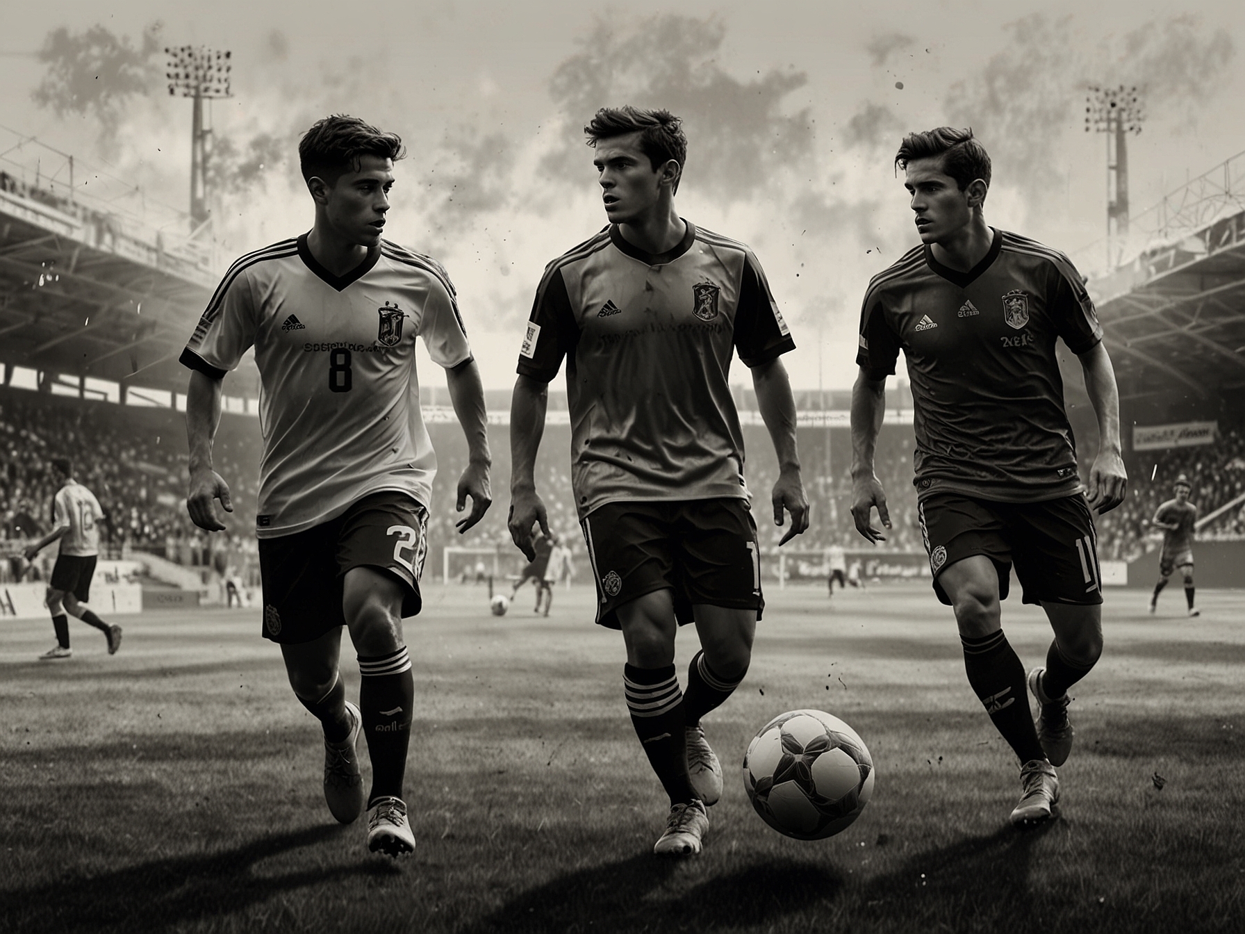 A dynamic collage showcasing young emerging Spanish football talents, practicing on the pitch with determination, representing the future of the sport in Spain.