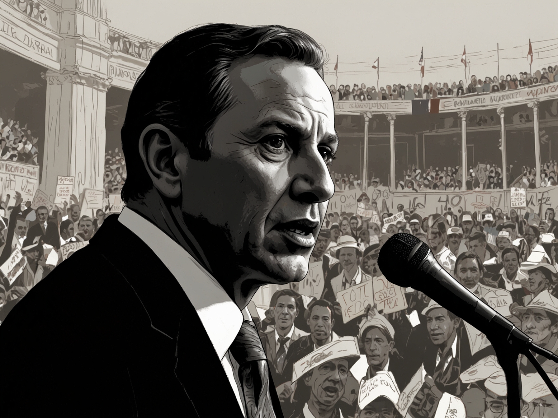 Close-up of the shadow senator passionately speaking at the rally, emphasizing key points about Puerto Rican representation and political challenges.