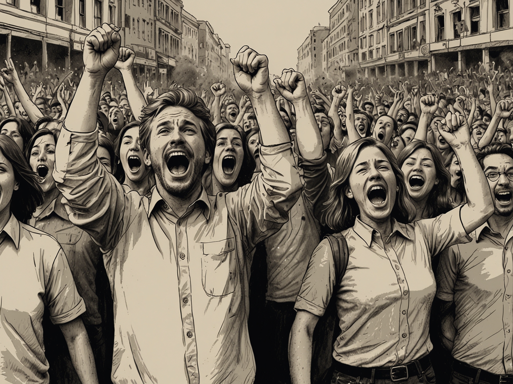 A split image showing divided public reactions—some supporters cheering in excitement while critics express their disapproval in a protest outside the rally.