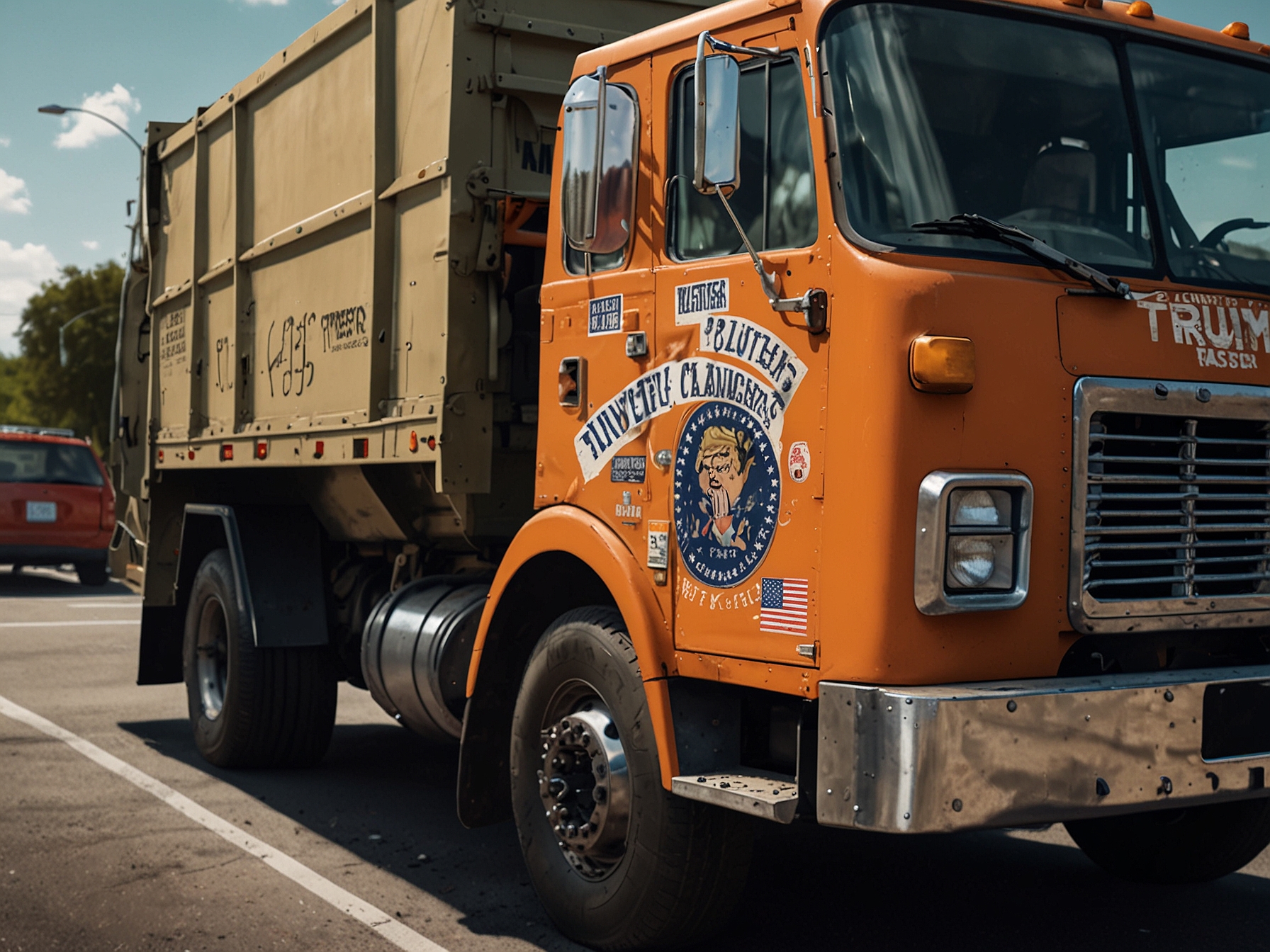 A close-up of the garbage truck's exterior, showcasing the clever designs and slogans that reflect Trump's campaign motifs and his mocking stance towards opponents.