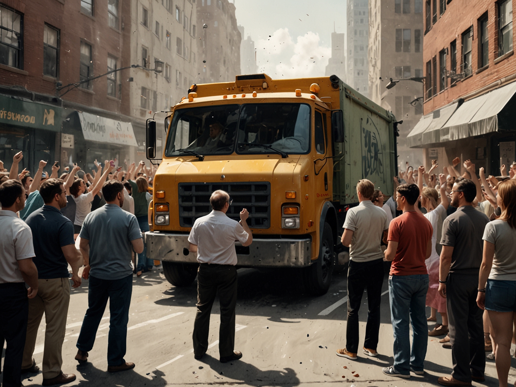 Supporters cheer in front of the garbage truck, illustrating the divided reactions to Trump's press conference, capturing both amusement and criticism among the crowd.