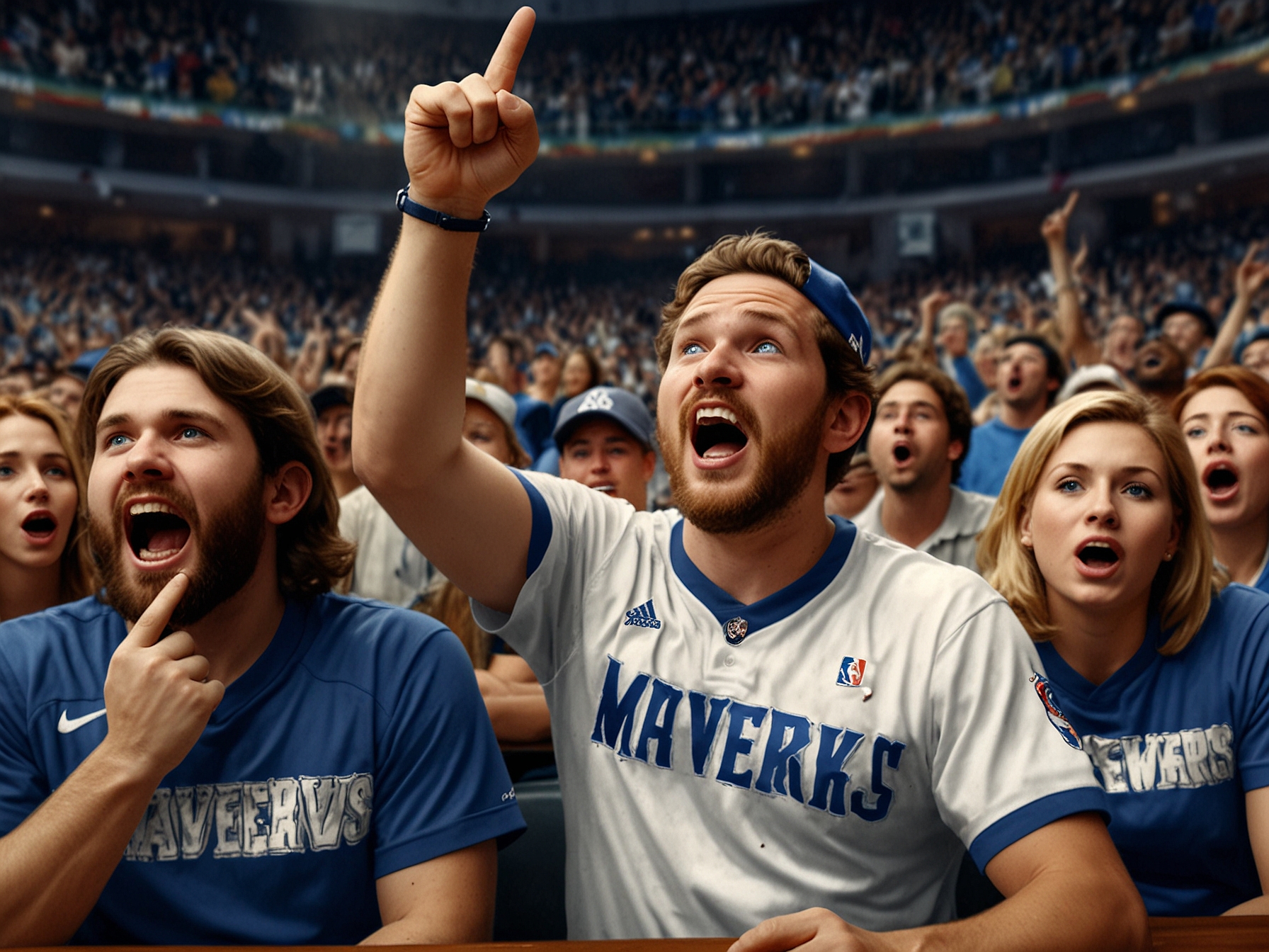 A crowd of spirited Mavericks fans reacting with mixed emotions during a game, showcasing their loyalty to Cuban amidst the controversy surrounding his donation.
