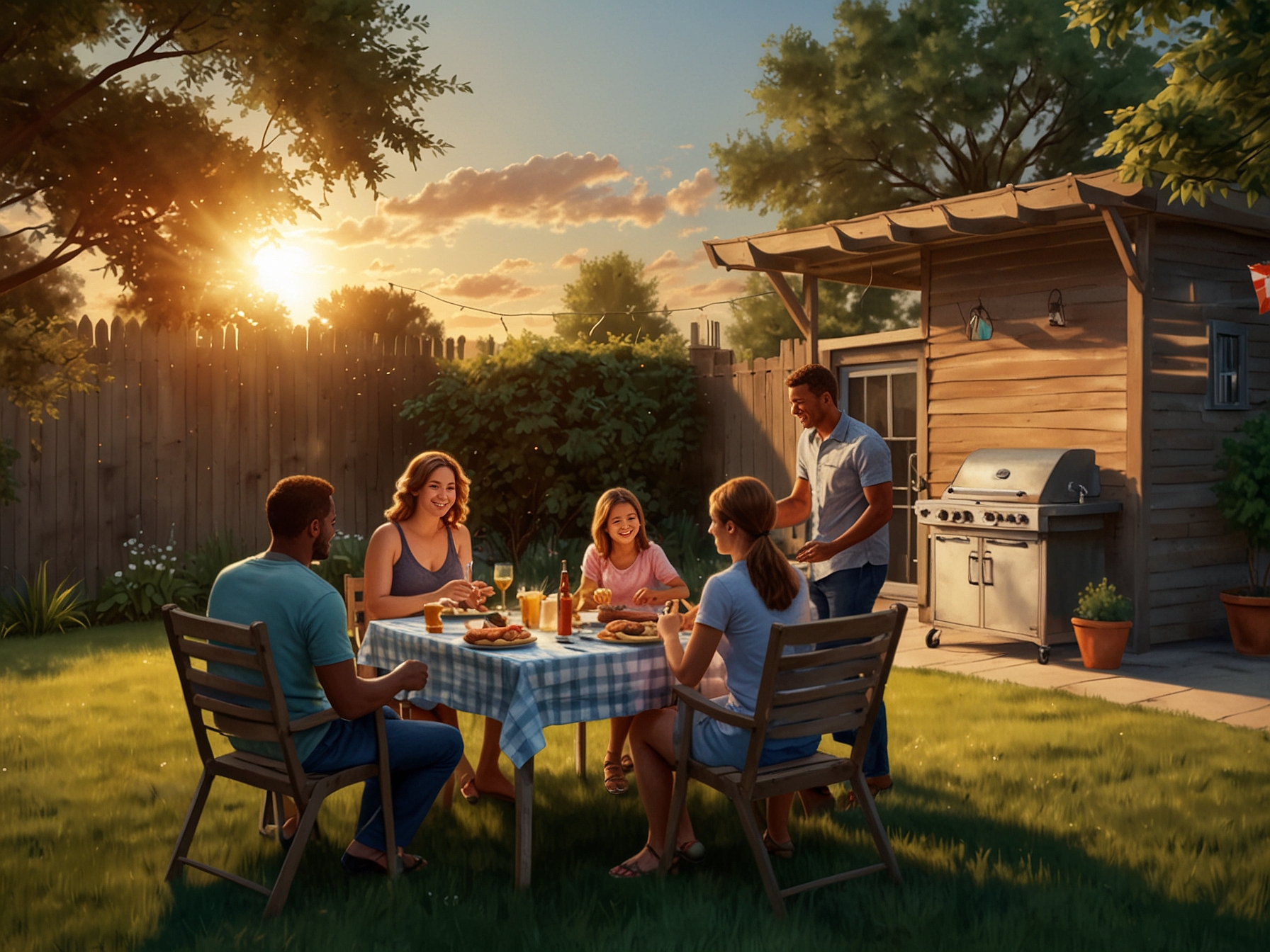 Families enjoying a sunset barbeque in a backyard, illustrating the leisure time that extended daylight can provide during warmer months.