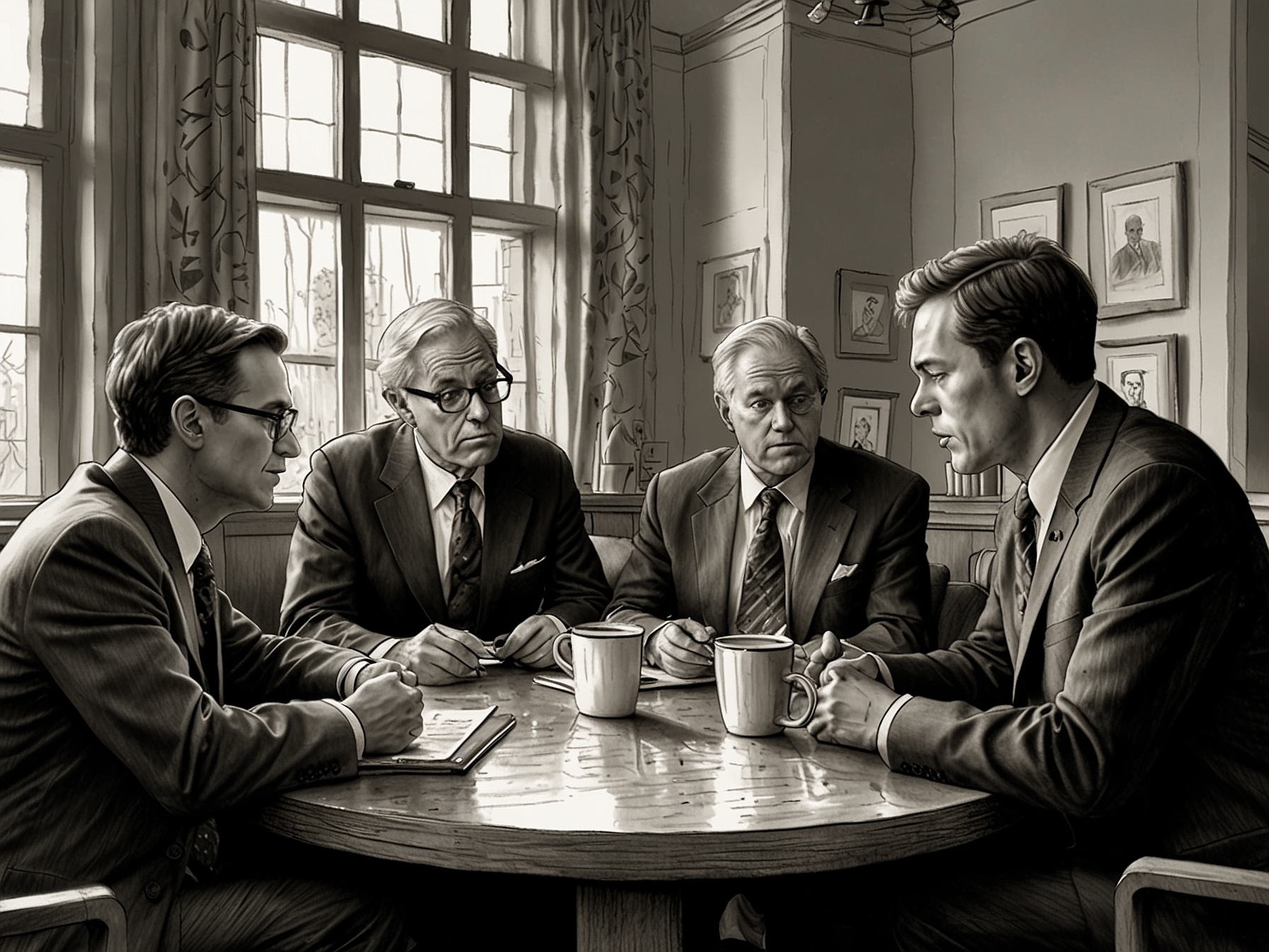 A group of lawmakers discussing over coffee, contemplating future changes to Daylight Saving Time policy as health implications are put at the forefront.