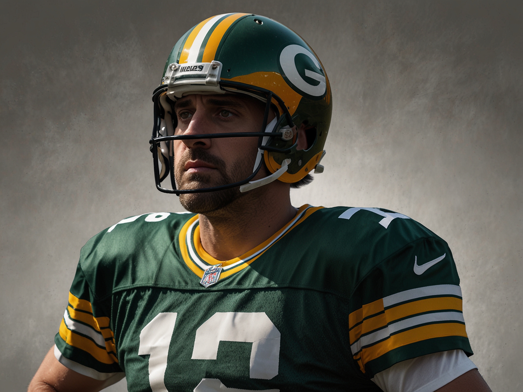 Aaron Rodgers standing with his hands on his hips, looking contemplative on the field, showcasing the weight of expectations amidst scrutiny of his recent performances.