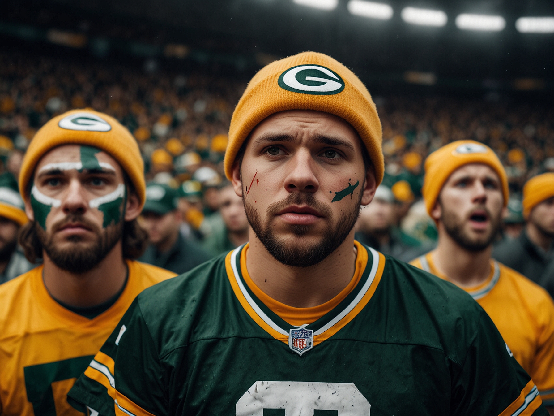 Fans of the Packers in the stadium, faces painted and holding signs, expressing their disappointment and emotions during the bitter game against the Lions.