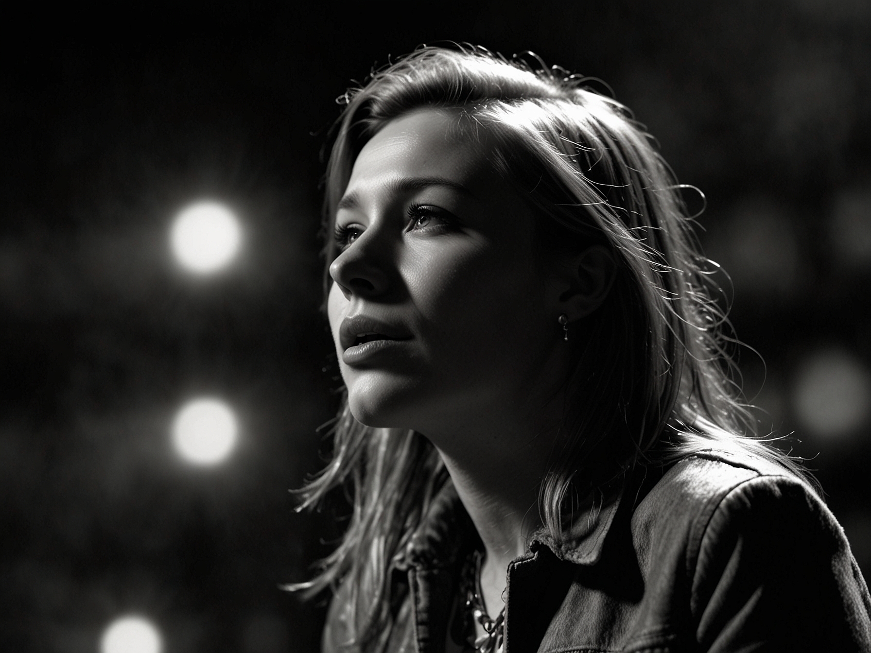 A close-up shot of Chappell Roan mid-performance, with a spotlight shining on her, encapsulating the emotion and humor in her poignant lyrics.