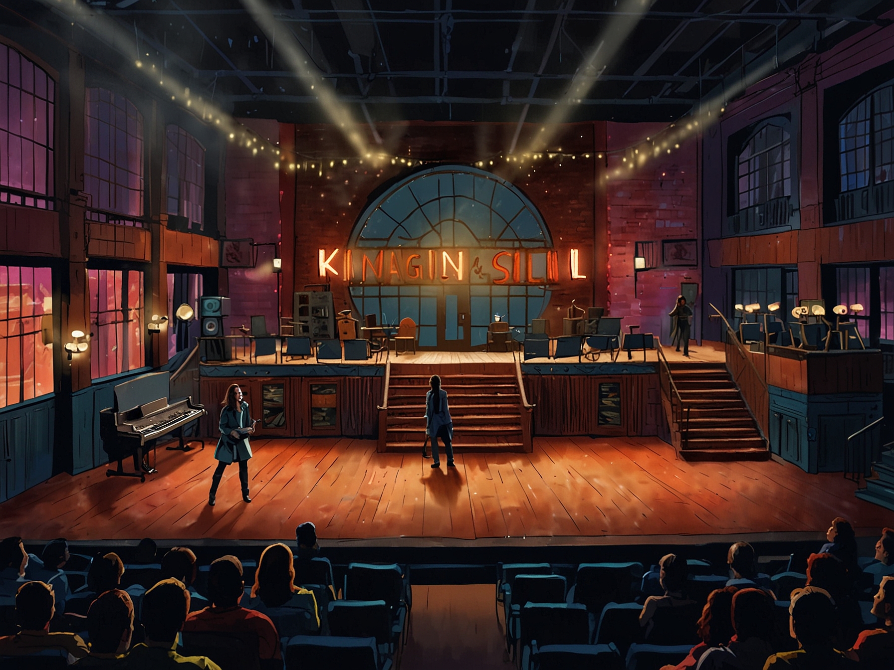 An overhead view of the SNL set, with Chappell Roan at the center, colorful lights illuminating her as she connects with the audience through music.