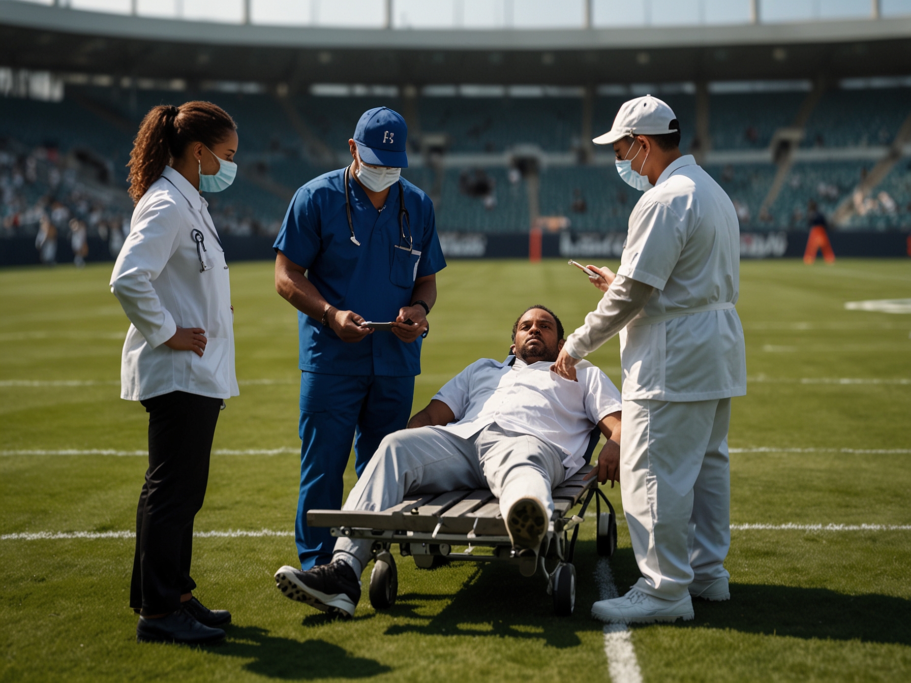 Medical staff attending to Chris Olave on the field, emphasizing the urgency of the situation and the importance of player safety protocols.