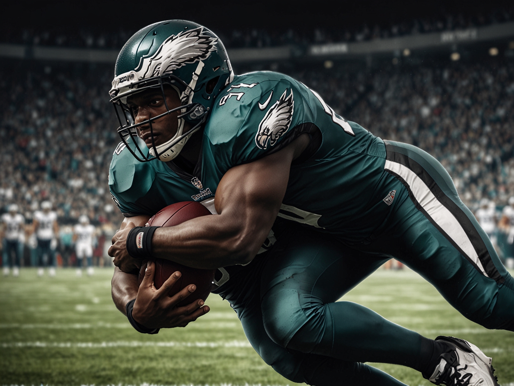 Nakobe Dean making a critical tackle, showcasing his defensive prowess that played a key role in controlling the game's flow and impacting the Eagles' victory.