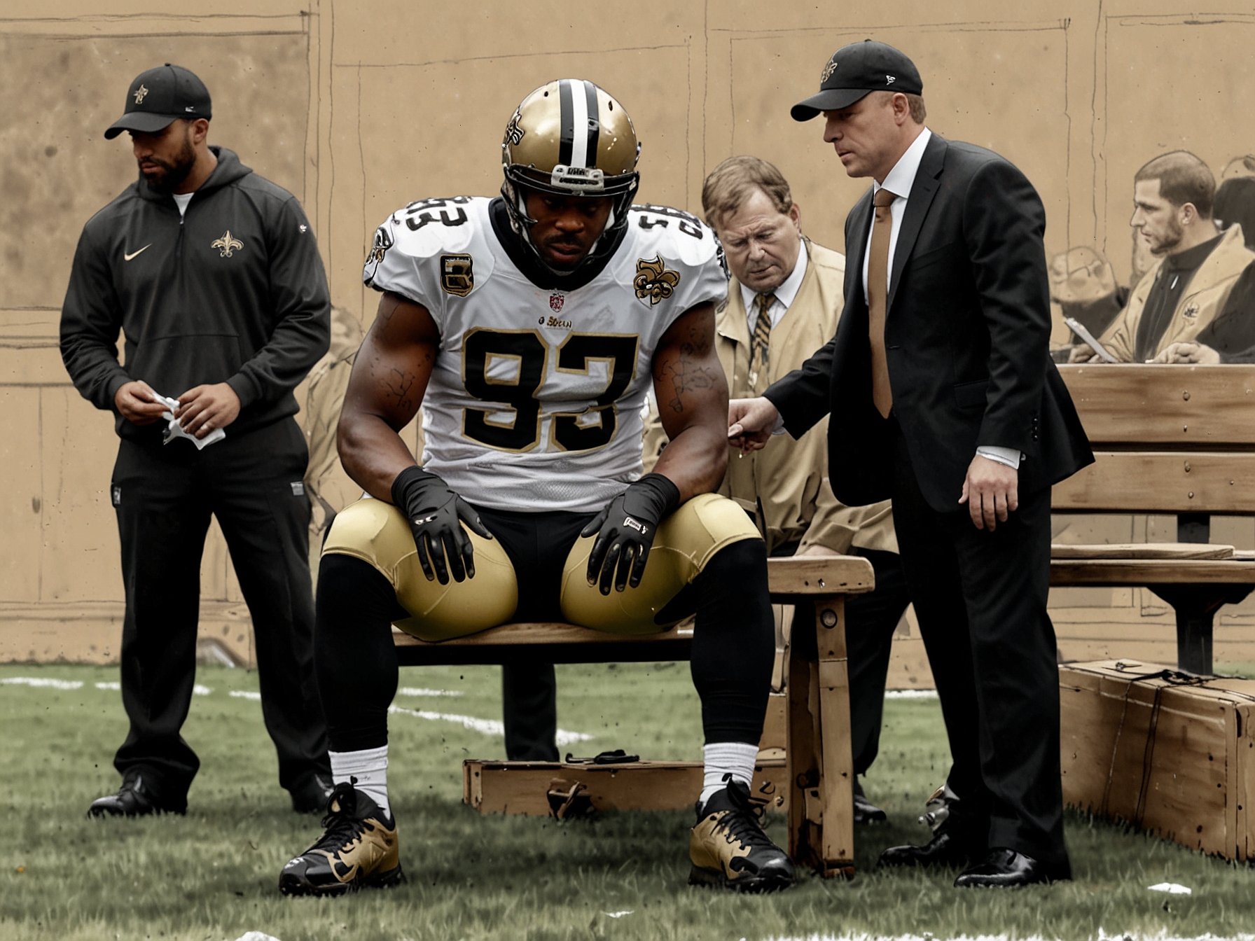 The New Orleans Saints bench looking worried as Olave is carted off the field, illustrating the emotional impact of injuries on teammates and coaches.
