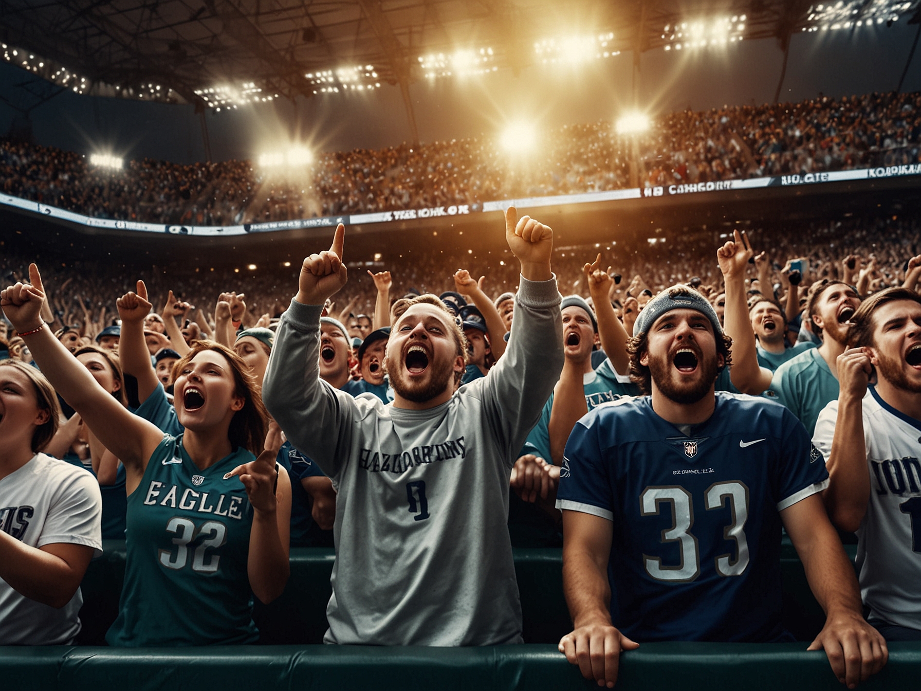 A wide shot of the cheering Eagles fans in the stands, capturing the vibrant atmosphere and excitement during the game, as they rally behind their team.