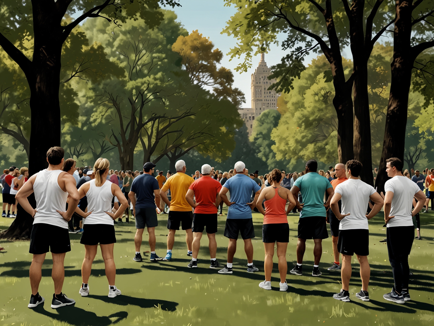 A group photo of various celebrities and everyday people training together in Central Park, highlighting the unity and camaraderie that running fosters.