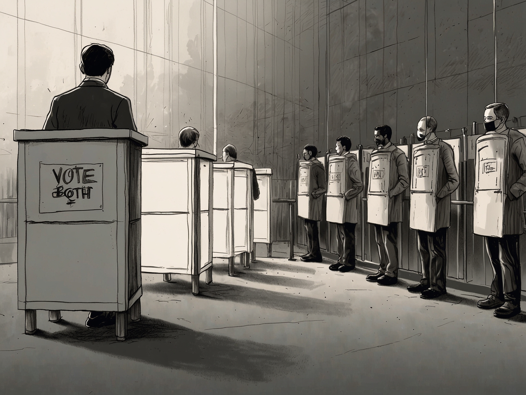 A visual representation of a voting booth with citizens casting their votes, symbolizing public participation and the importance of individual choices in the electoral process.