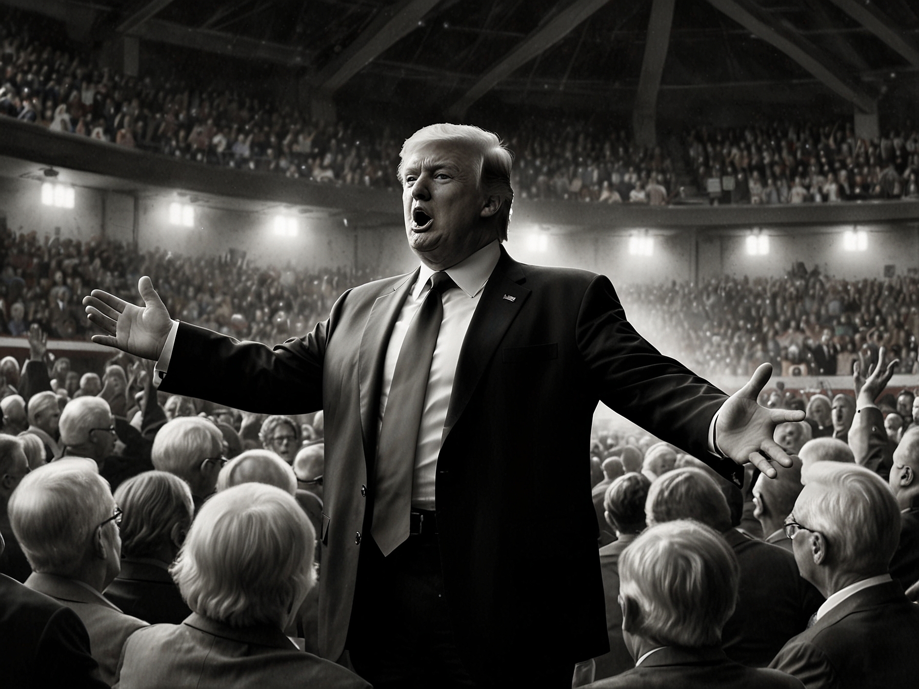 Donald Trump speaking to a large audience of older supporters, emphasizing his established base and their commitment to his campaign.