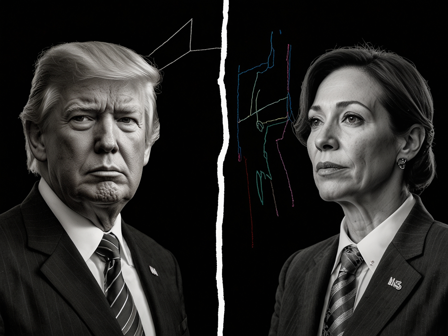 A split image showing contrasting campaign themes: healthcare issues on one side with Harris and economic recovery messages on the other featuring Trump.