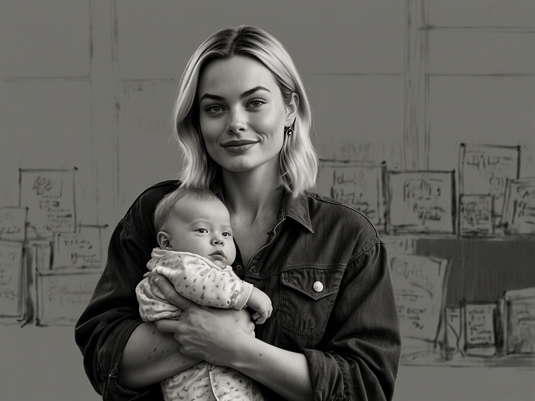 A behind-the-scenes look at Margot Robbie on the set of her latest film, balancing her work responsibilities while cradling her baby in her arms during a break.