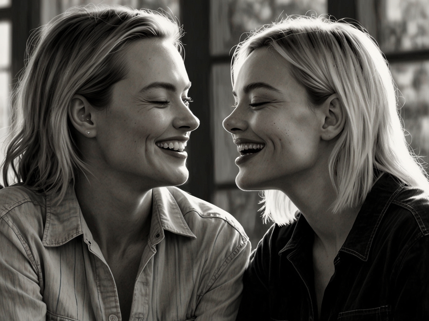 An intimate moment of Margot Robbie sharing a laugh with her partner, highlighting the supportive dynamic in their family as they embark on this new parenting journey together.