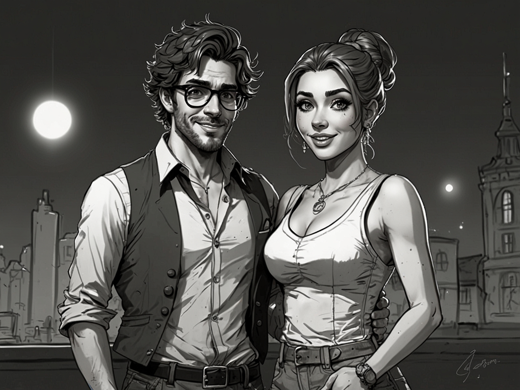 An artistic representation of AuronPlay's humorous persona with Gemita's charming character, symbolizing their undeniable chemistry from their earlier days.