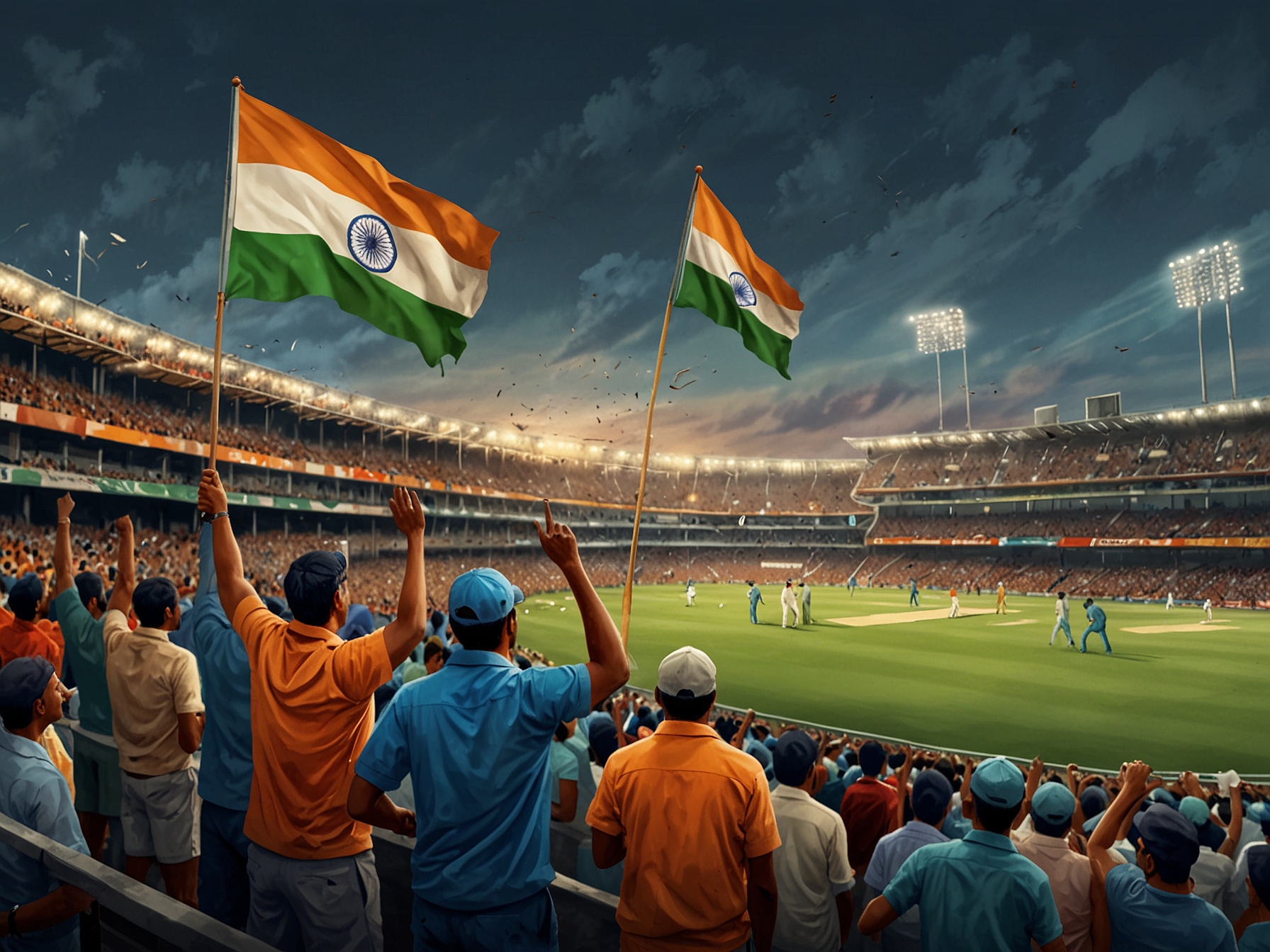 A packed stadium with passionate fans waving flags, conveying the support and pressure India feels from its loyal cricket followers during this monumental challenge.