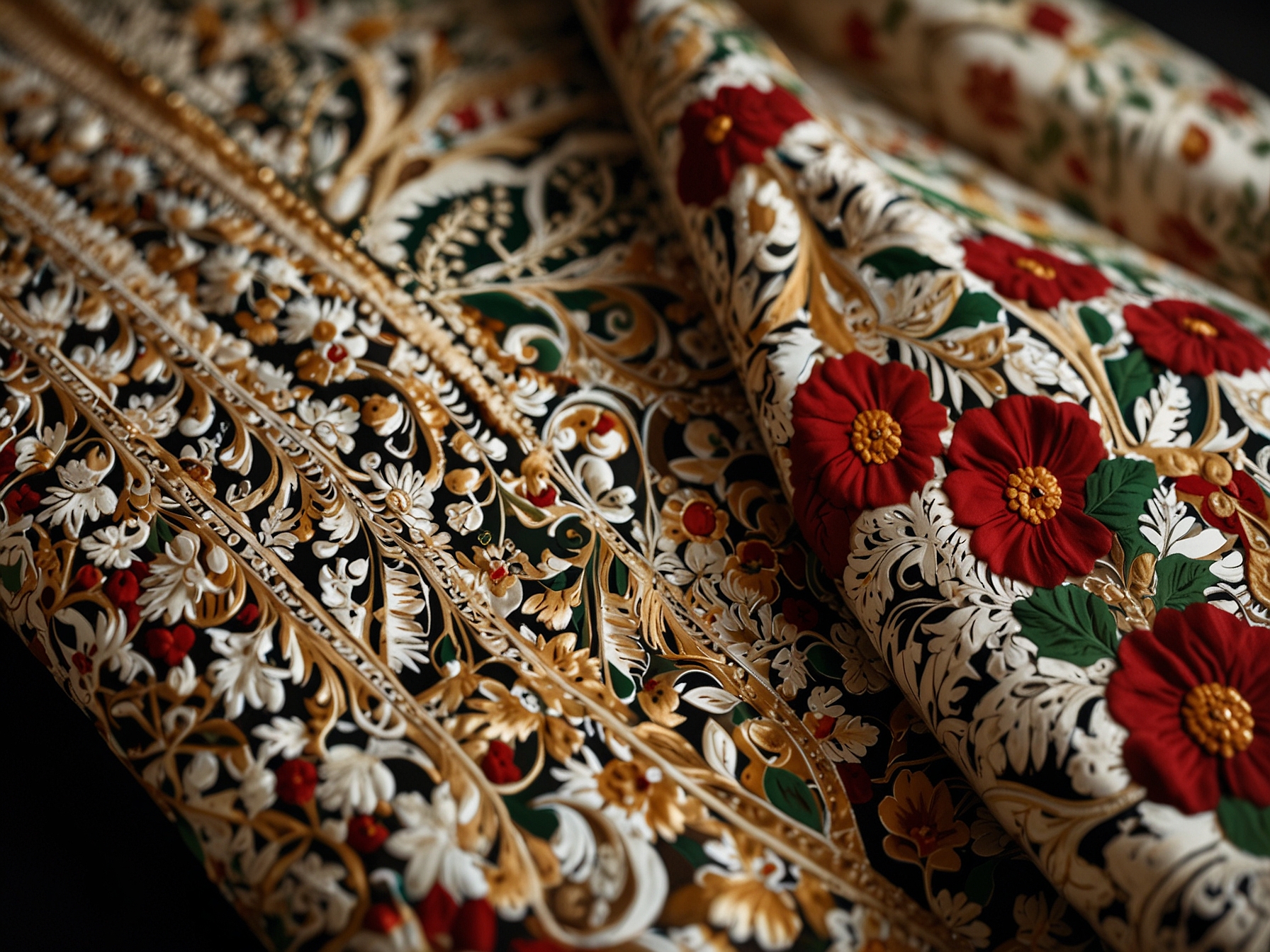 Close-up of Rohit Bal's exquisite textile work, highlighting the rich patterns and craftsmanship that embody the spirit of Kashmir's cultural heritage.
