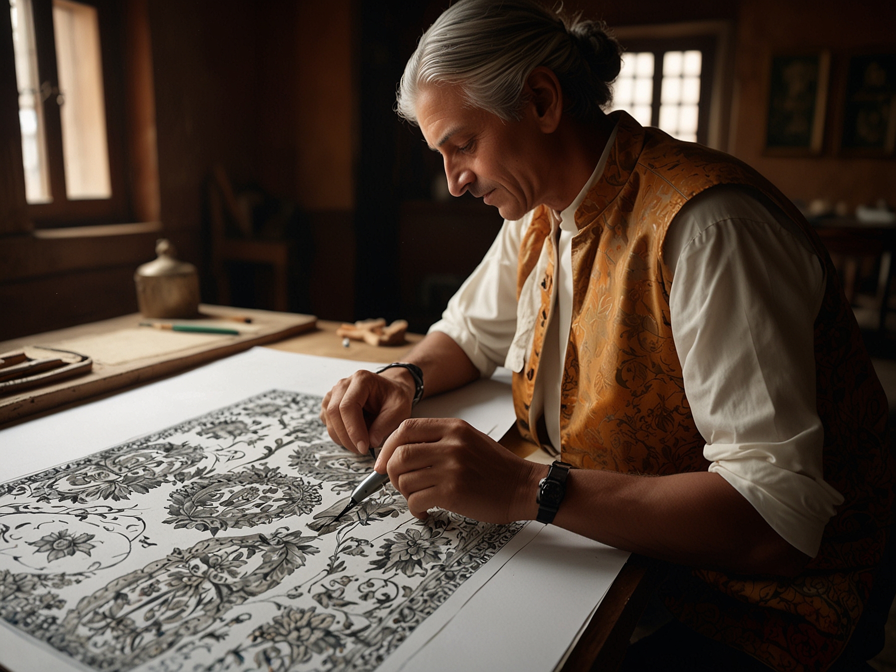 Artisans meticulously at work in Kashmir, illustrating the dedication and skill behind traditional craftsmanship that Rohit Bal advocates to support.