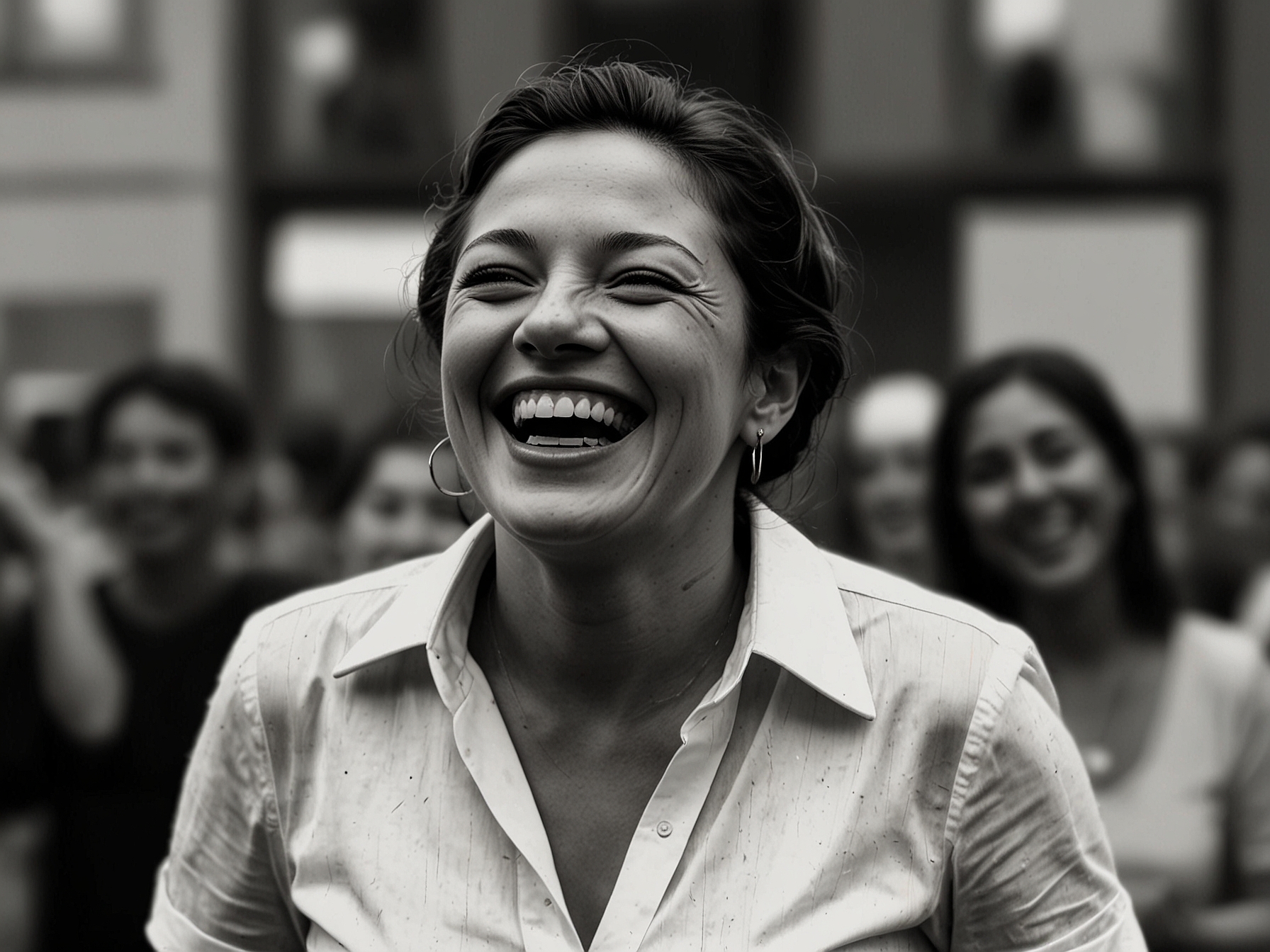 A portrait of Maita Sanchez laughing and engaging with fans at a public event, capturing the essence of her spirit and the joy she brought to both the entertainment and political spheres.