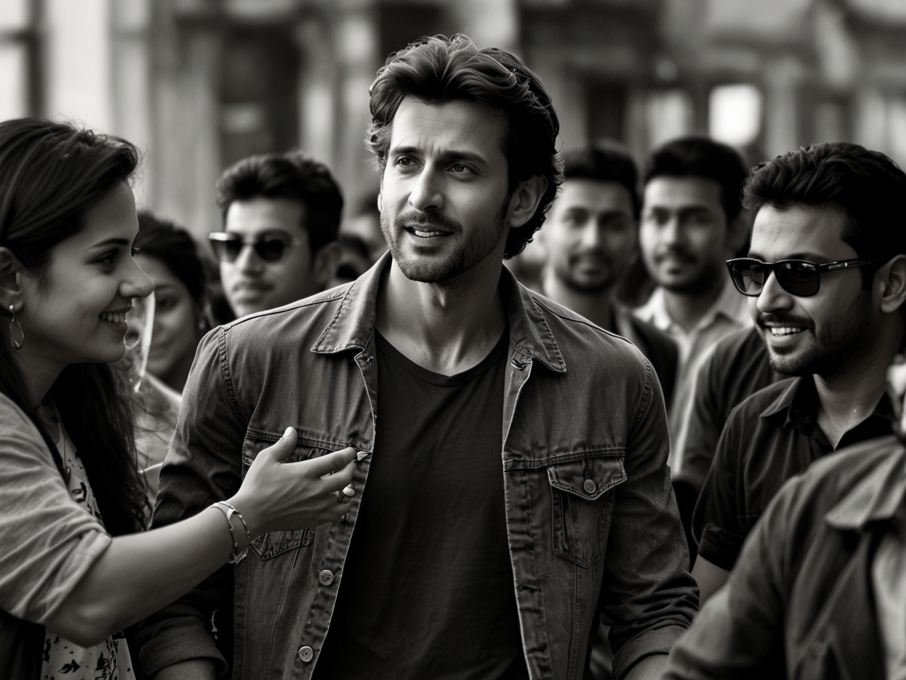 A candid shot of Hrithik engaging with the paparazzi, displaying his affable nature while maintaining a light-hearted conversation amidst the flashing cameras.