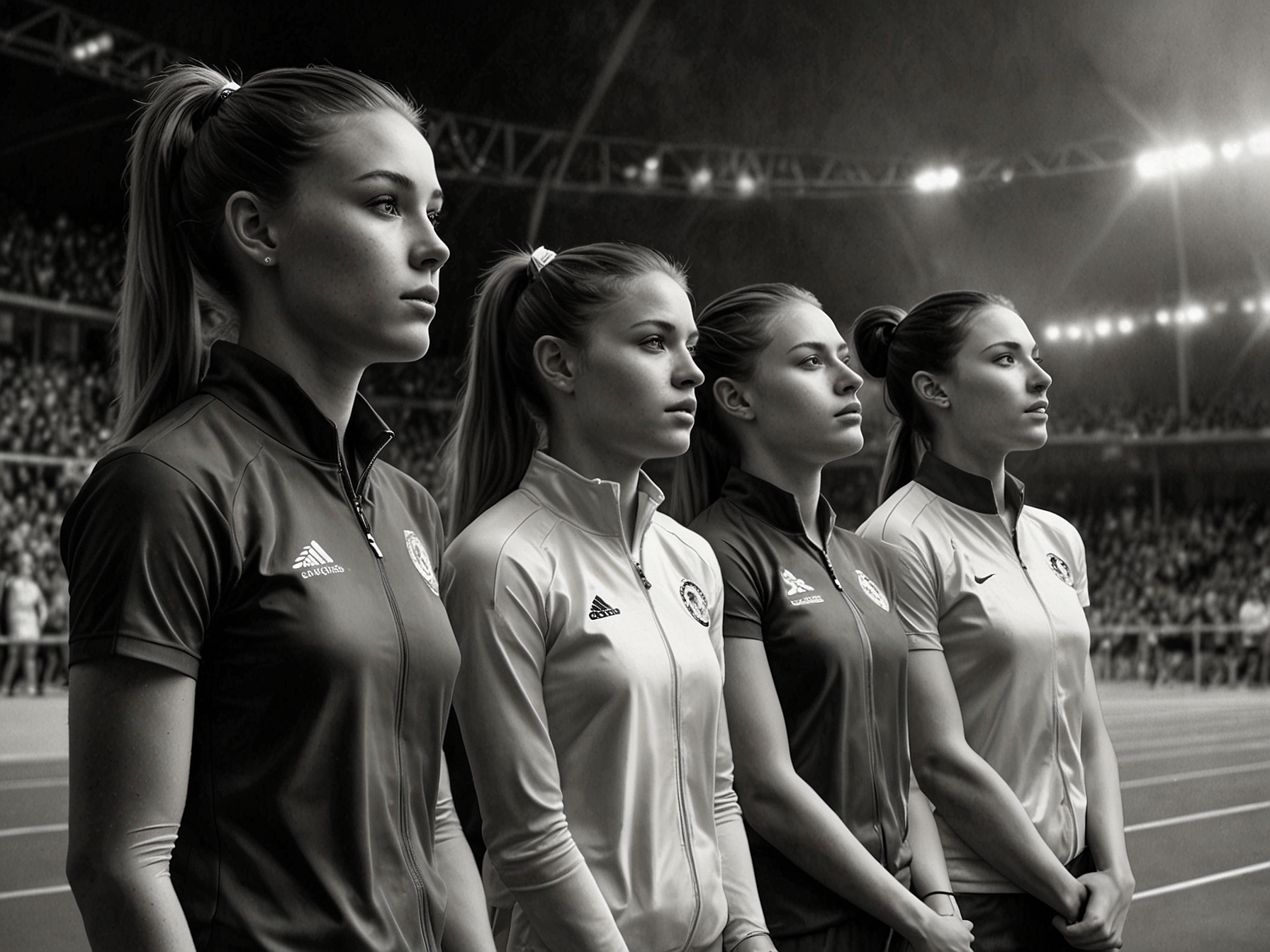 A group of young athletes watching Kamila Valieva, embodying hope and inspiration, as they aspire to achieve their own Olympic dreams amid the complexities of sports ethics.
