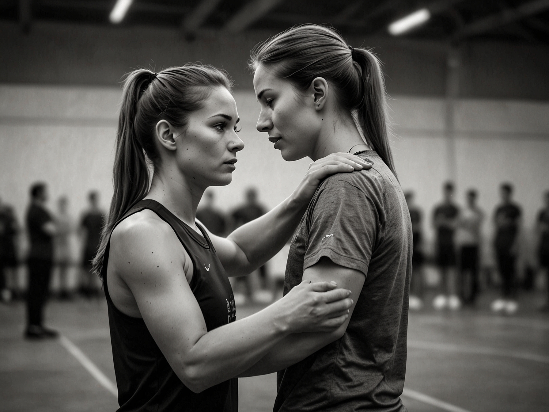 An intense moment captured between Kamila Valieva and her coach during practice, focusing on the rigorous training and emotional support crucial for her comeback.