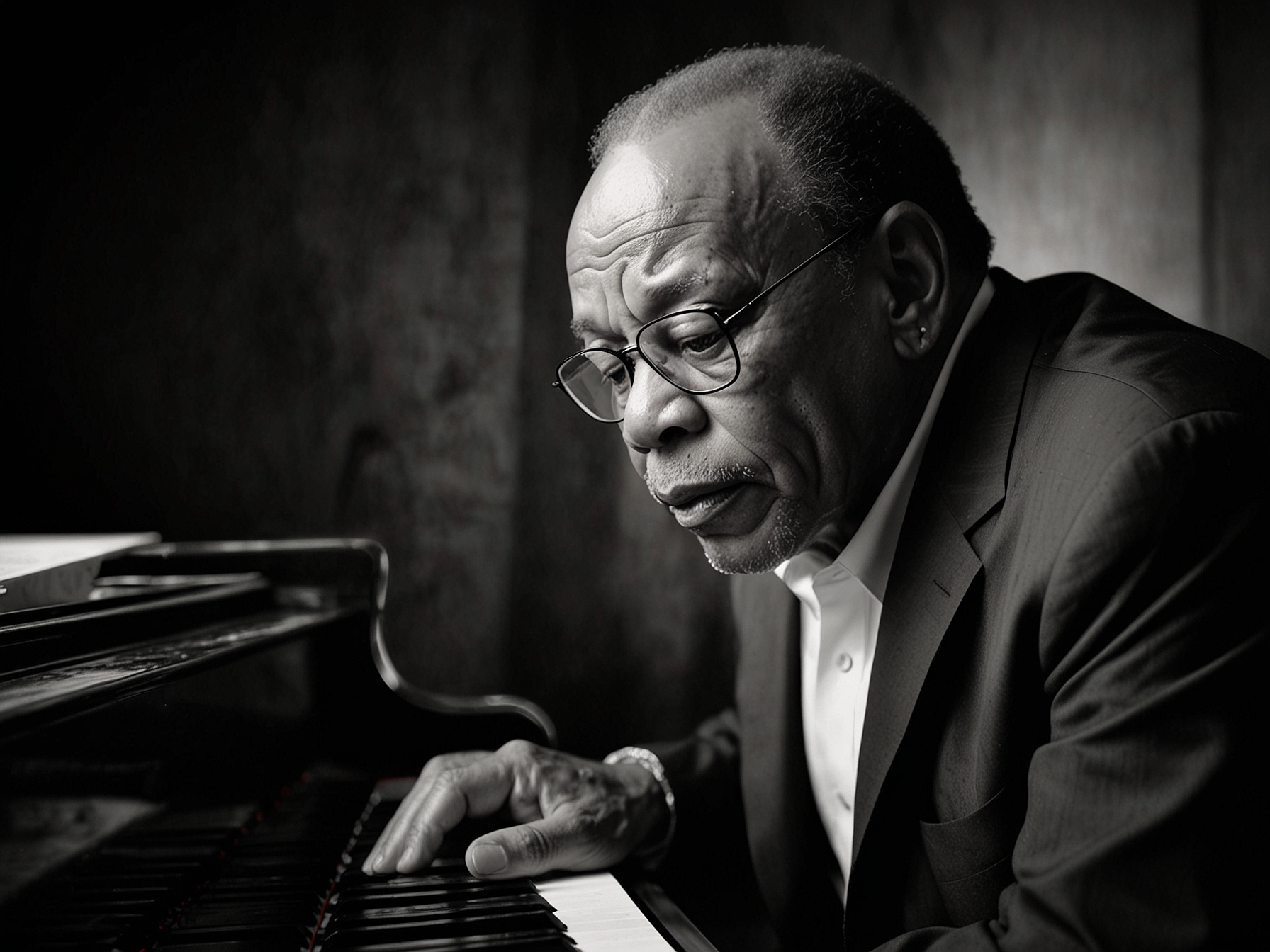 An emotional close-up of Quincy Jones at a piano, deeply immersed in the music he loved, symbolizing his passion and artistry throughout his life.