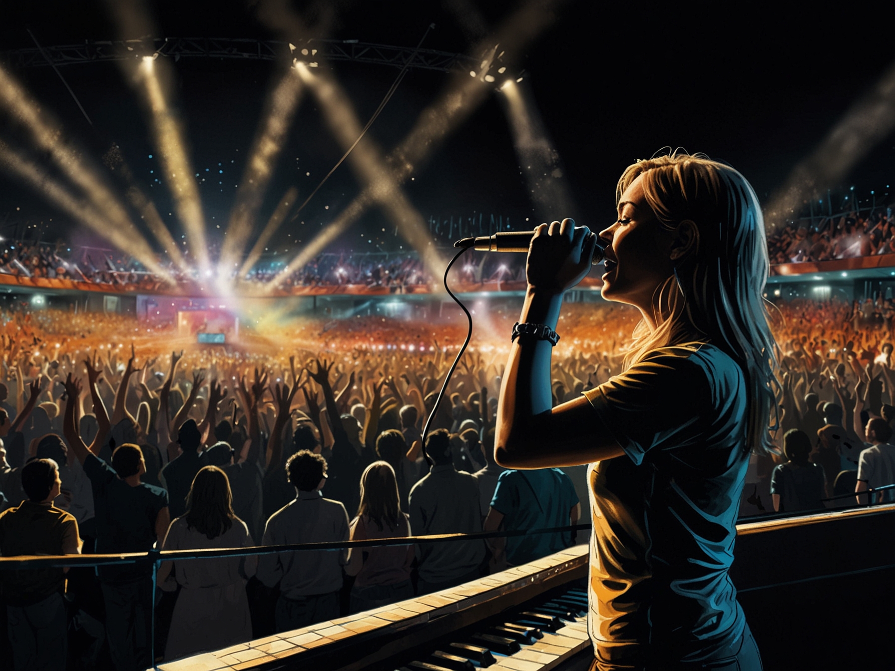 A vibrant snapshot of a live concert, showcasing Jones’ dynamic performances that brought joy and unity to audiences, capturing the essence of music as a lifeline.