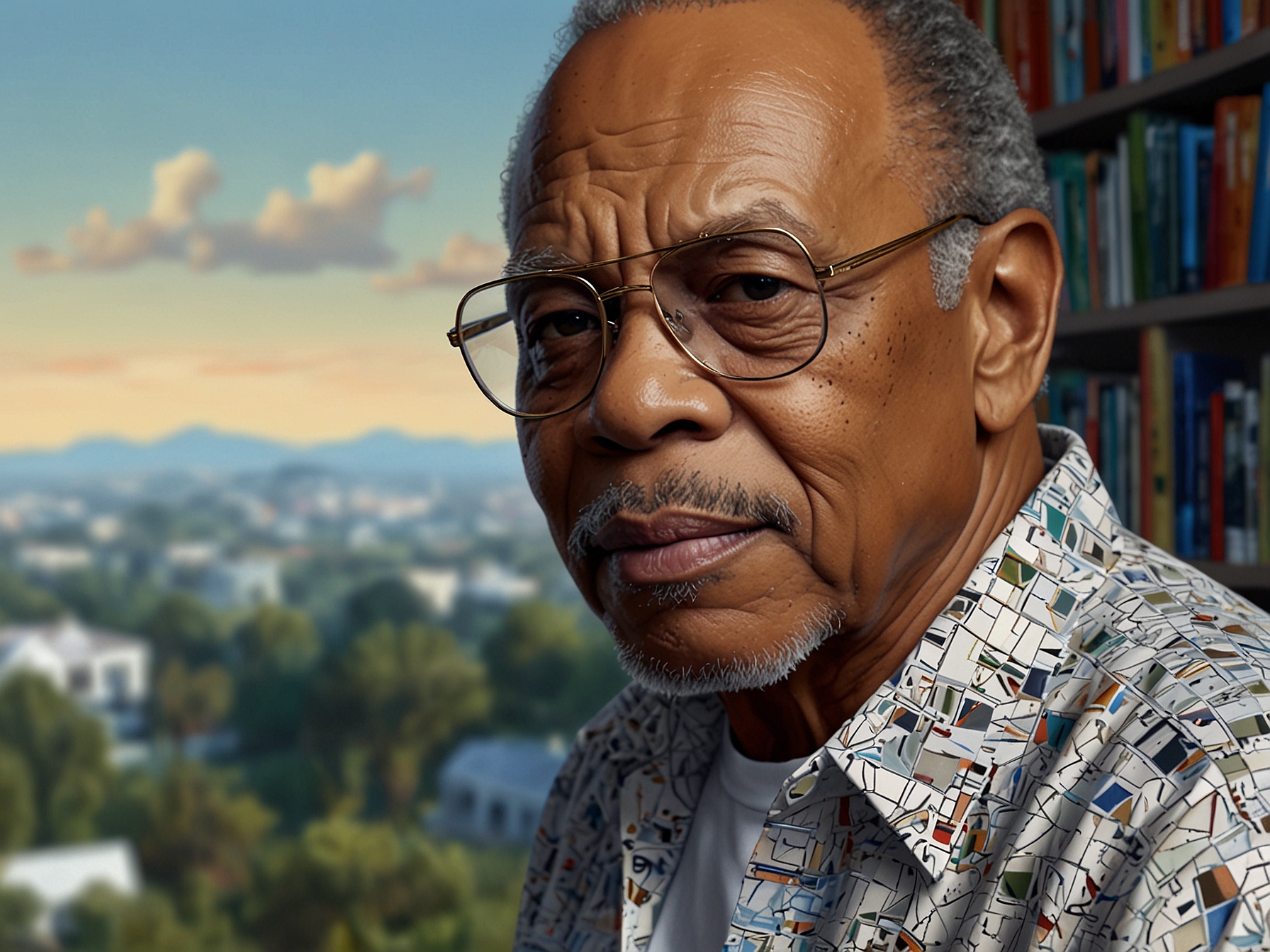 A serene landscape reflecting the beauty of creativity, symbolizing the mosaic of Quincy Jones' life and the stories each moment shares within the music world.