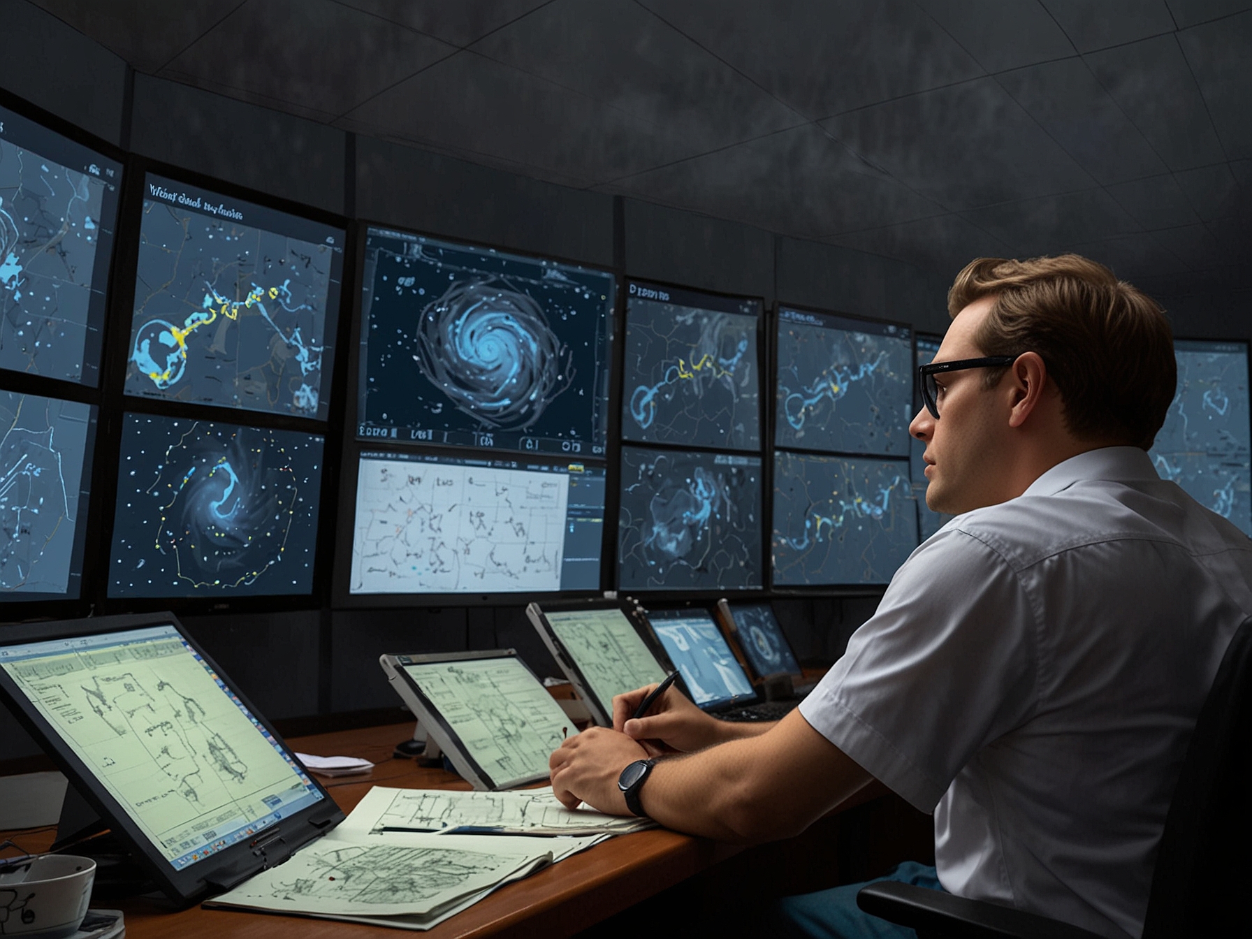 Meteorologists analyze weather patterns at a forecast center, focusing on the latest data to understand Tropical Storm Rafael's possible impacts.