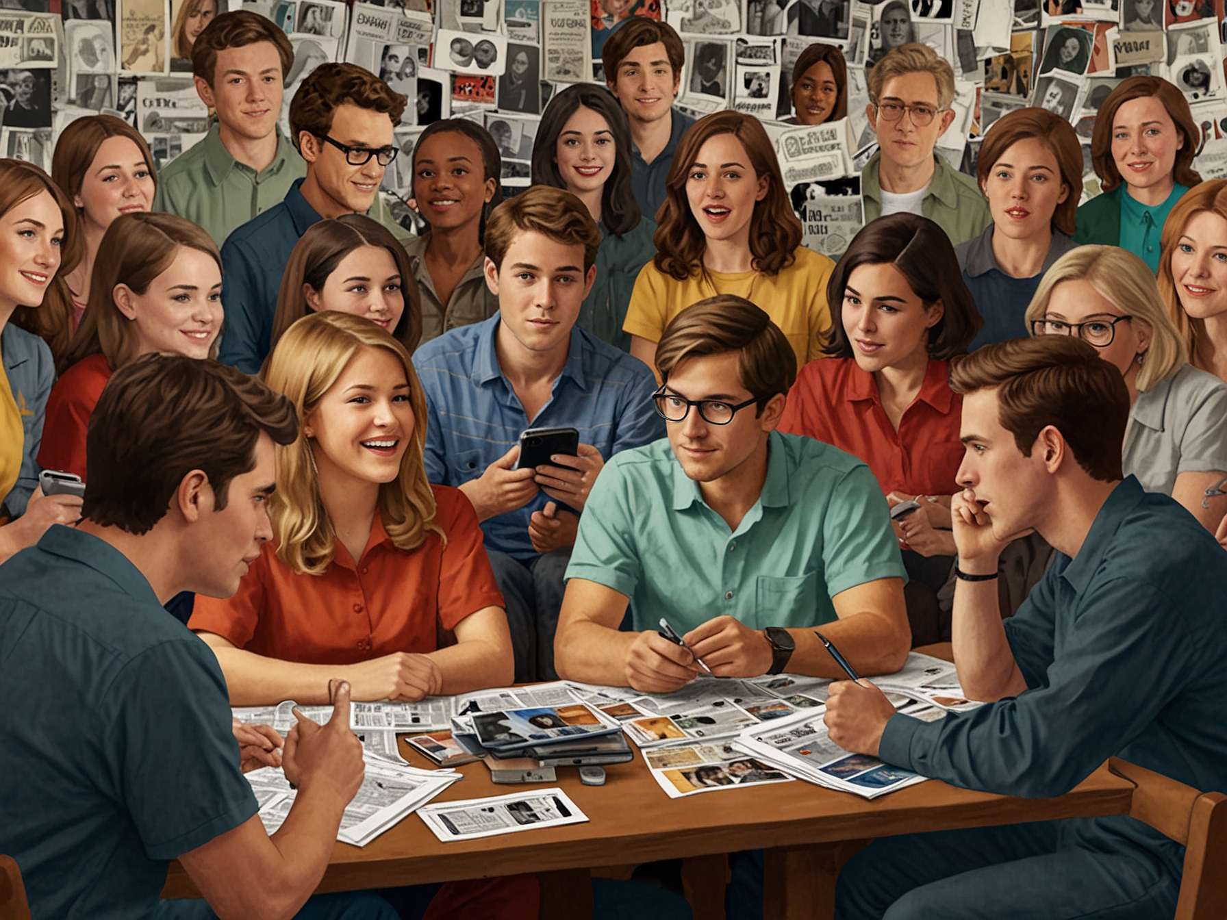 A collage of younger voters engaging with various alternative news platforms, illustrating the generational shift away from traditional media sources like NPR and PBS.