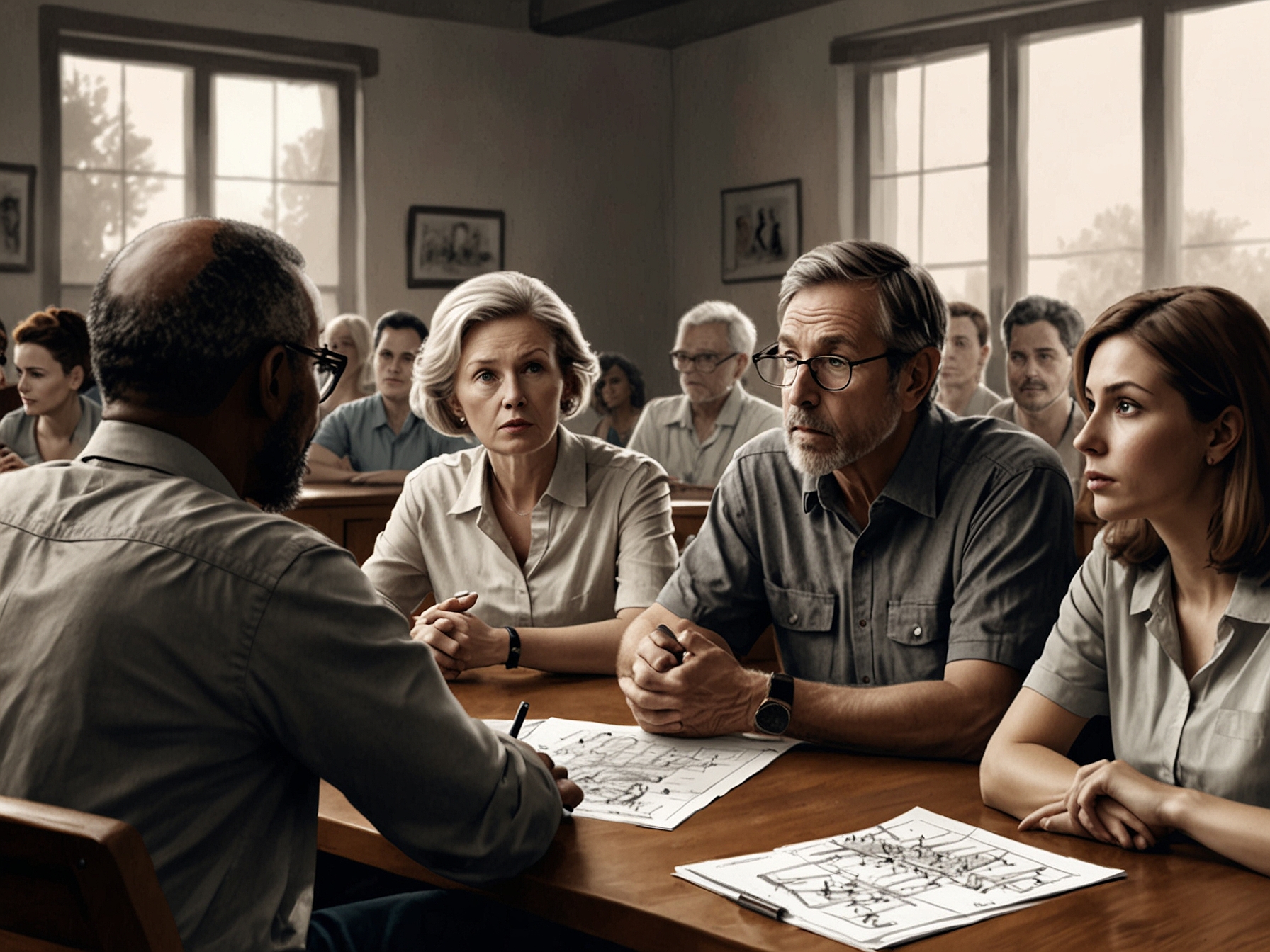 A concerned group of citizens gathered in a community meeting, discussing media influence on public opinion and policy decisions in their local area.