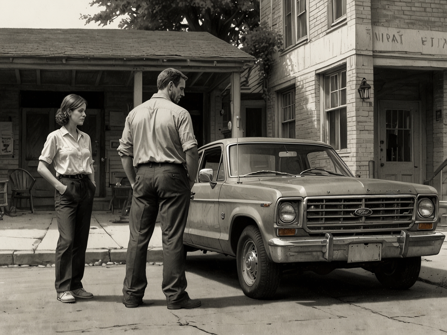A concerned family standing next to their Ford car with a mechanic, illustrating the anxiety Ford owners feel regarding safety and potential engine failures.