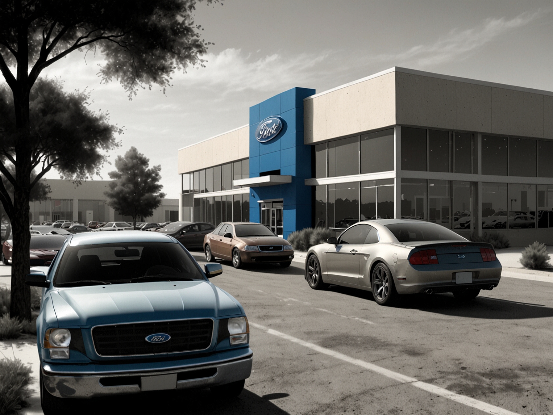 An empty Ford dealership lot, portraying the impact of engine failures on consumer trust and the automotive market, leading to fewer buyers and concerns.